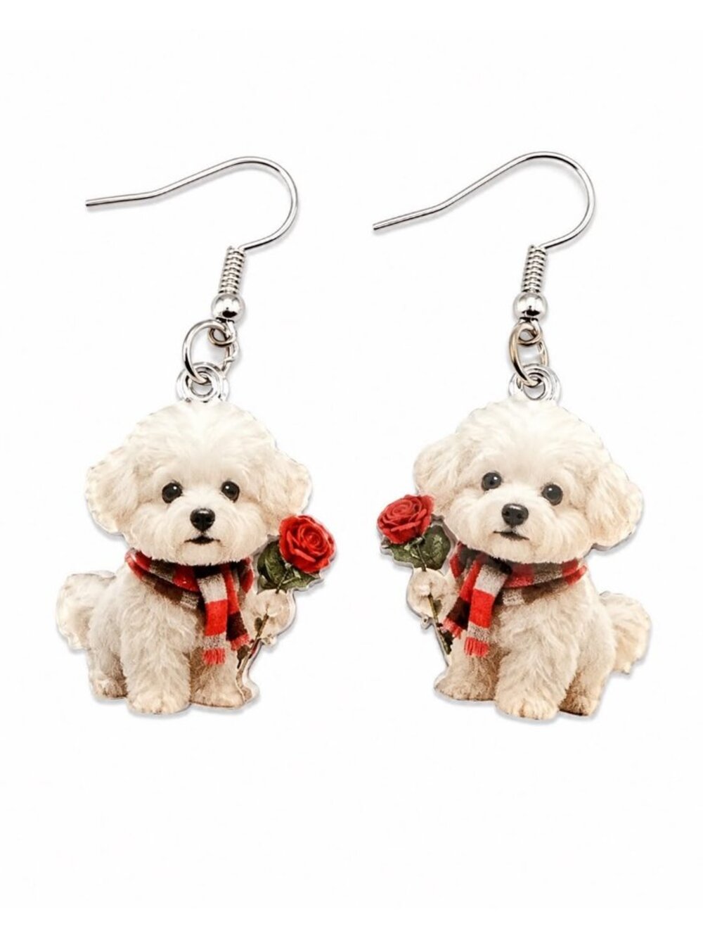 White Fluffy Dog and Rose Dangle Earrings